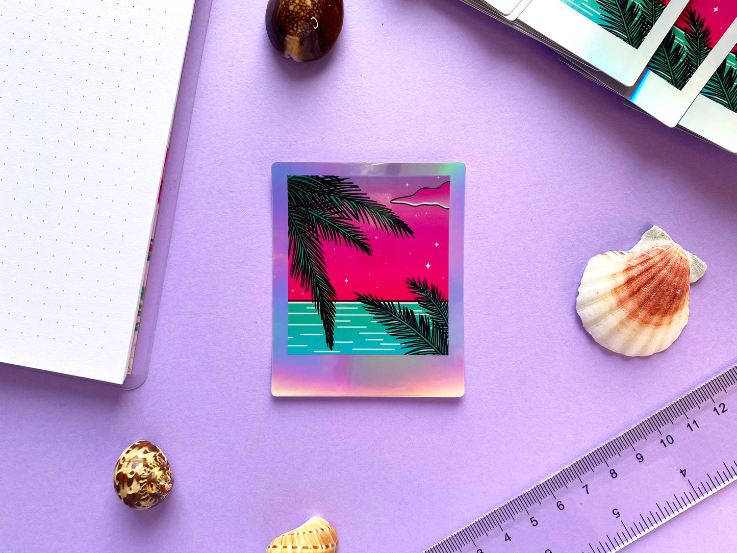 Holographic Waterproof Sticker - Polaroid "Palm Tree and Ocean"