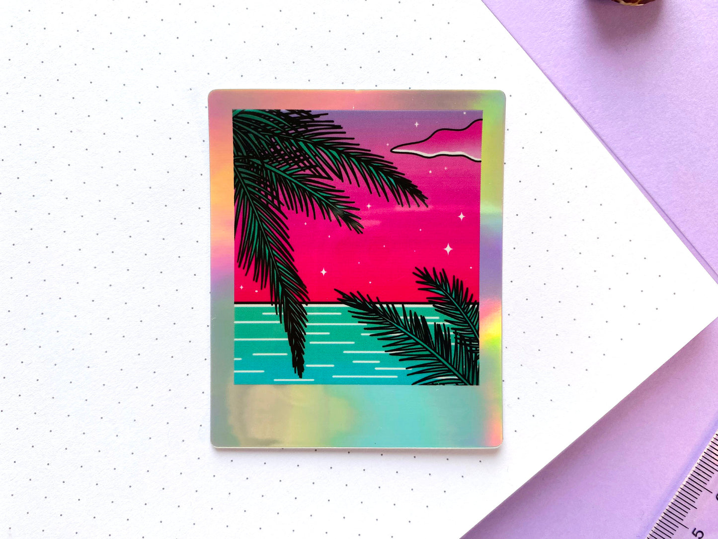 Holographic Waterproof Sticker - Polaroid "Palm Tree and Ocean"