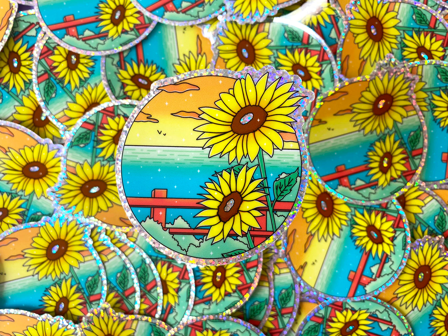 Hot Summer Holographic Glitters Sticker - Ocean View & Sunflower