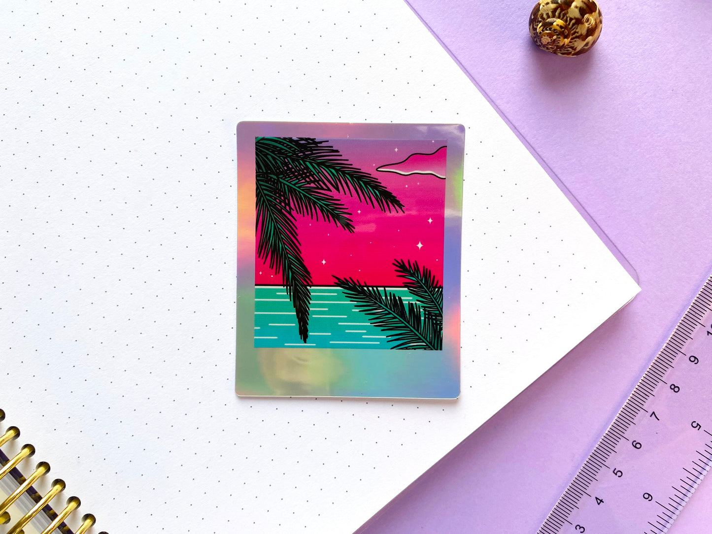 Holographic Waterproof Sticker - Polaroid "Palm Tree and Ocean"