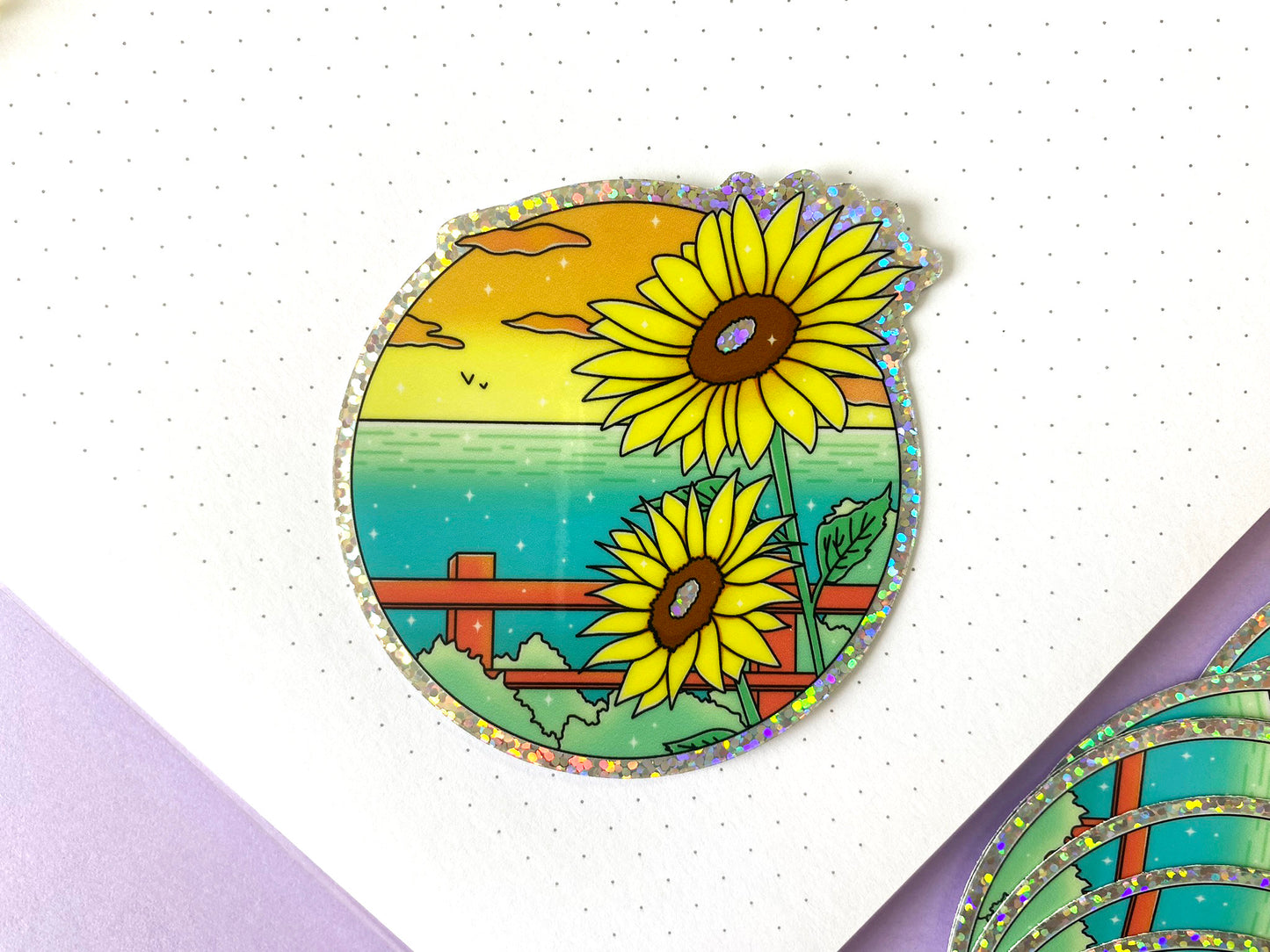 Hot Summer Holographic Glitters Sticker - Ocean View & Sunflower