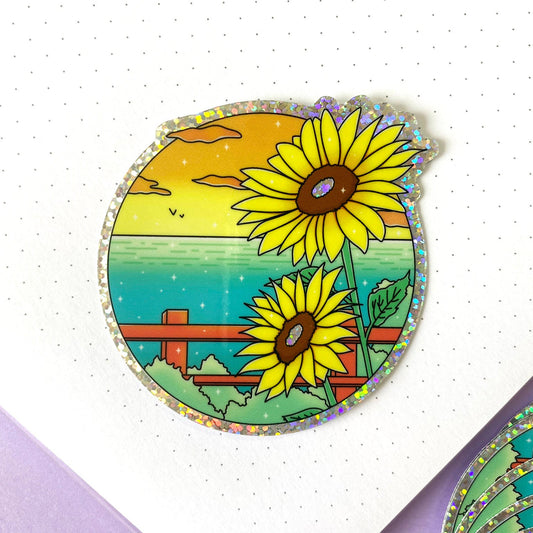 Hot Summer Holographic Glitters Sticker - Ocean View & Sunflower