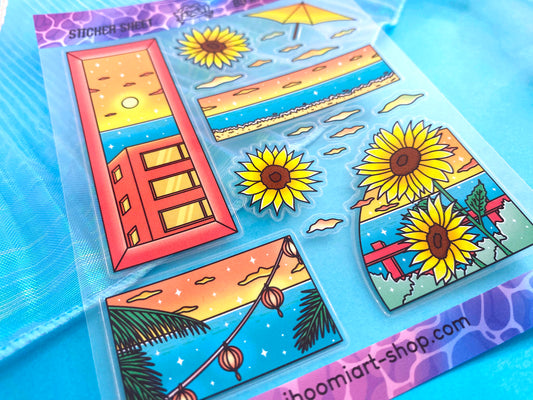 Hot Summer A6 Clear Sticker Sheet | Summer day landscape and Sunflower View
