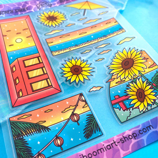 Hot Summer A6 Clear Sticker Sheet | Summer day landscape and Sunflower View