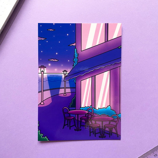 A6 Postcard | Art Print Vaporwave " Late Night Chill Cofee Time" | Purple & Blue