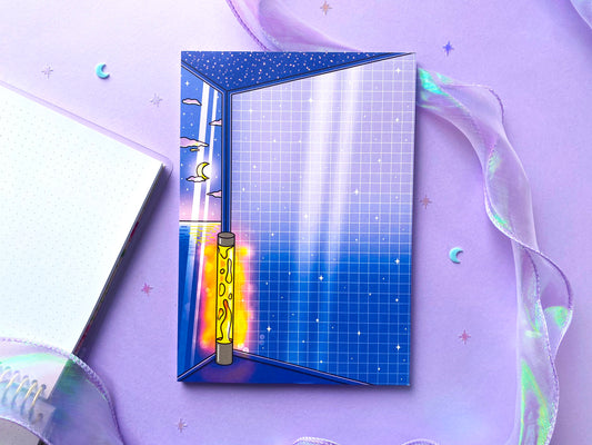 Night Aesthetic A5 Notepad | Bedroom, lava lamp light, moon and night ocean view | Vaporwave vibes