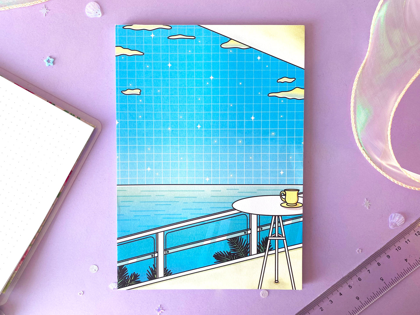 A5 Notepad | Summer Landscape Ocean view in coffee shop | Vaporwave & Dreamy Vibes