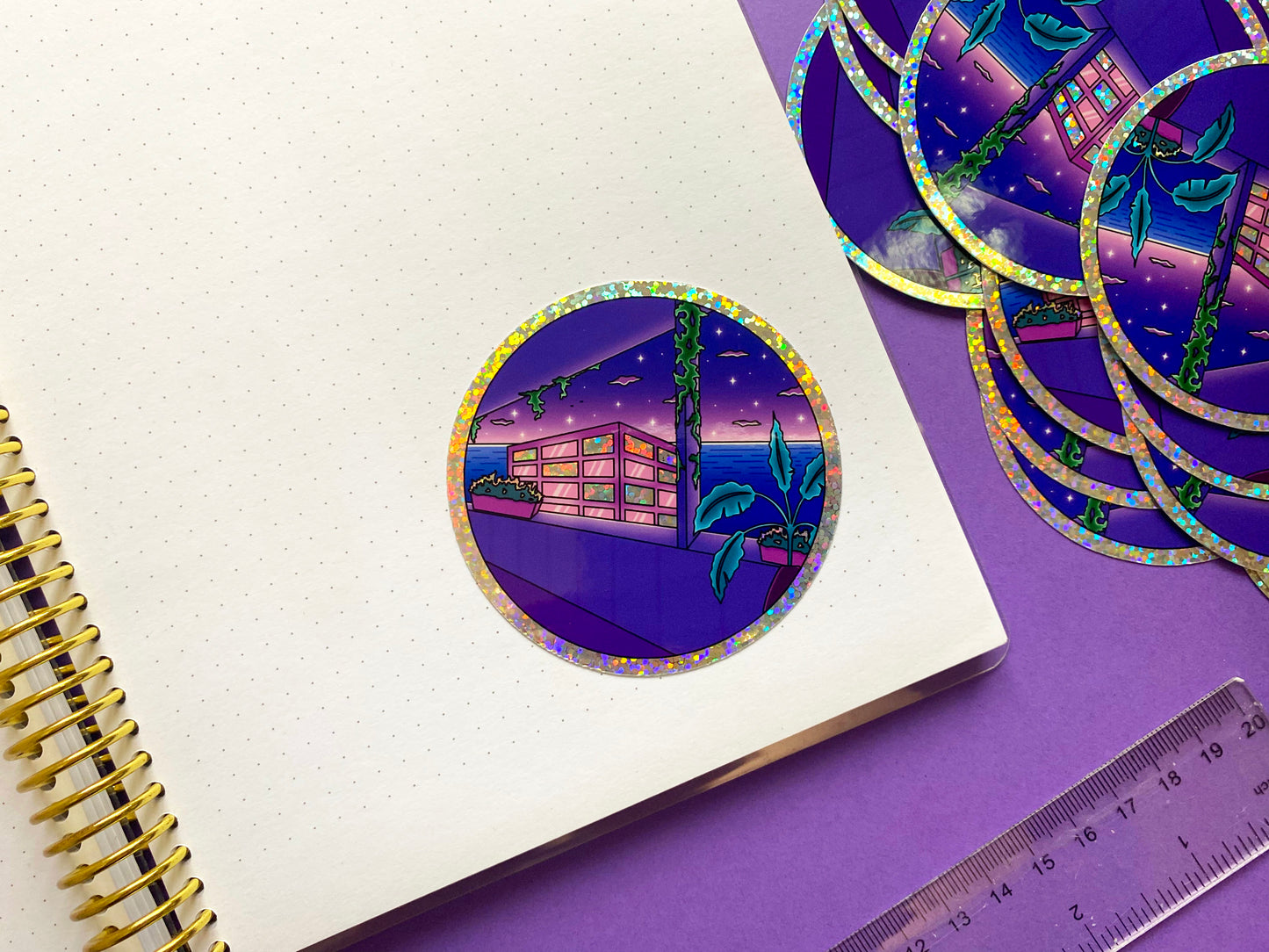 Holographic Glitters Sticker - Night Ocean view plant and city