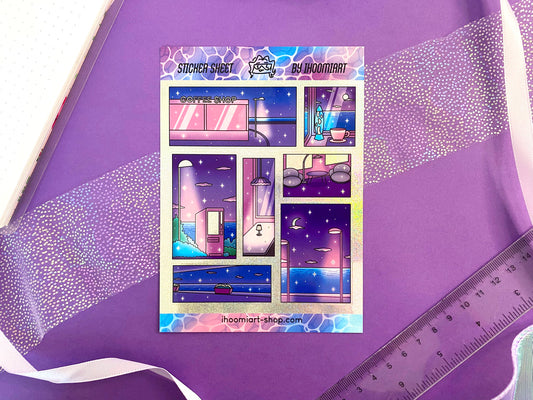 Late Night - A6 Glitters Holographic Sticker Sheet - Night Walk Scenes