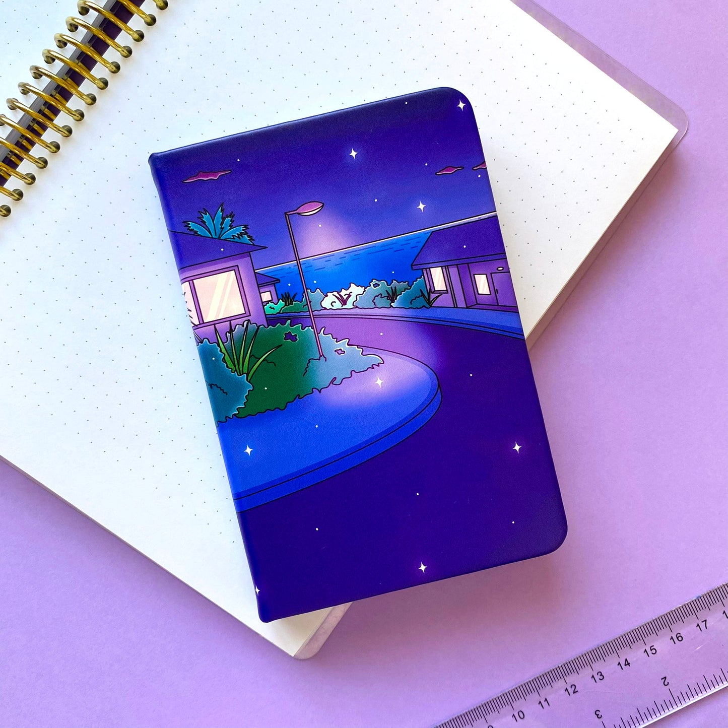 A6 Late Night Notebook - Hardcover, 120 lined pages | Vaporwave Night Illustration | ihoomiArt