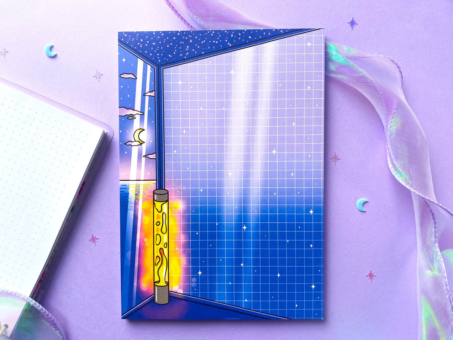 Night Aesthetic A5 Notepad | Bedroom, lava lamp light, moon and night ocean view | Vaporwave vibes
