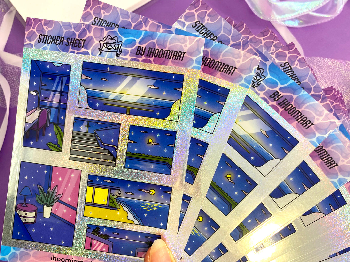 Late Night - A6 Glitters Holographic Sticker Sheet - Night Walk Scenes (Vers.2)