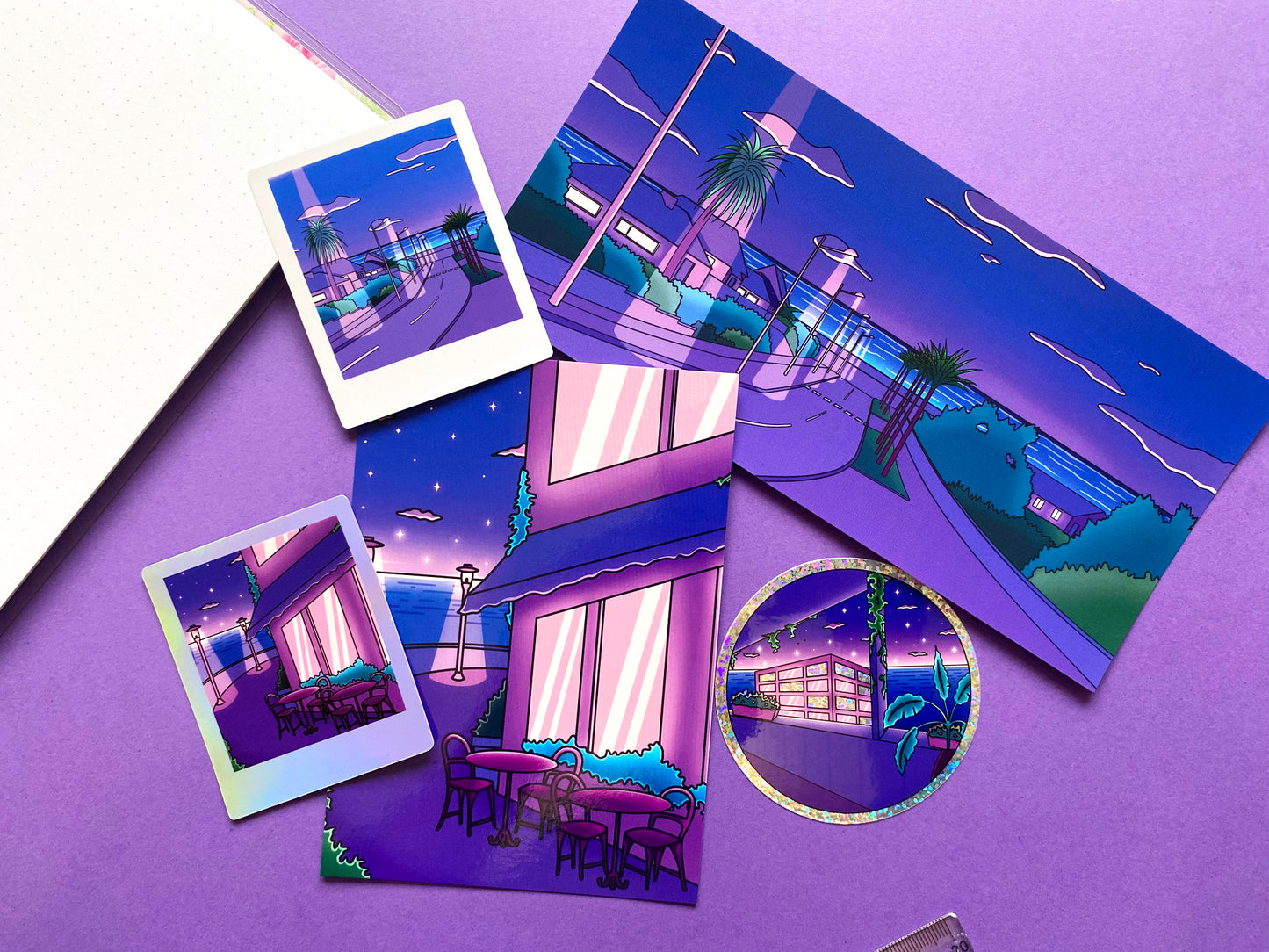 A6 Postcard | Art Print Vaporwave " Late Night Chill Cofee Time" | Purple & Blue