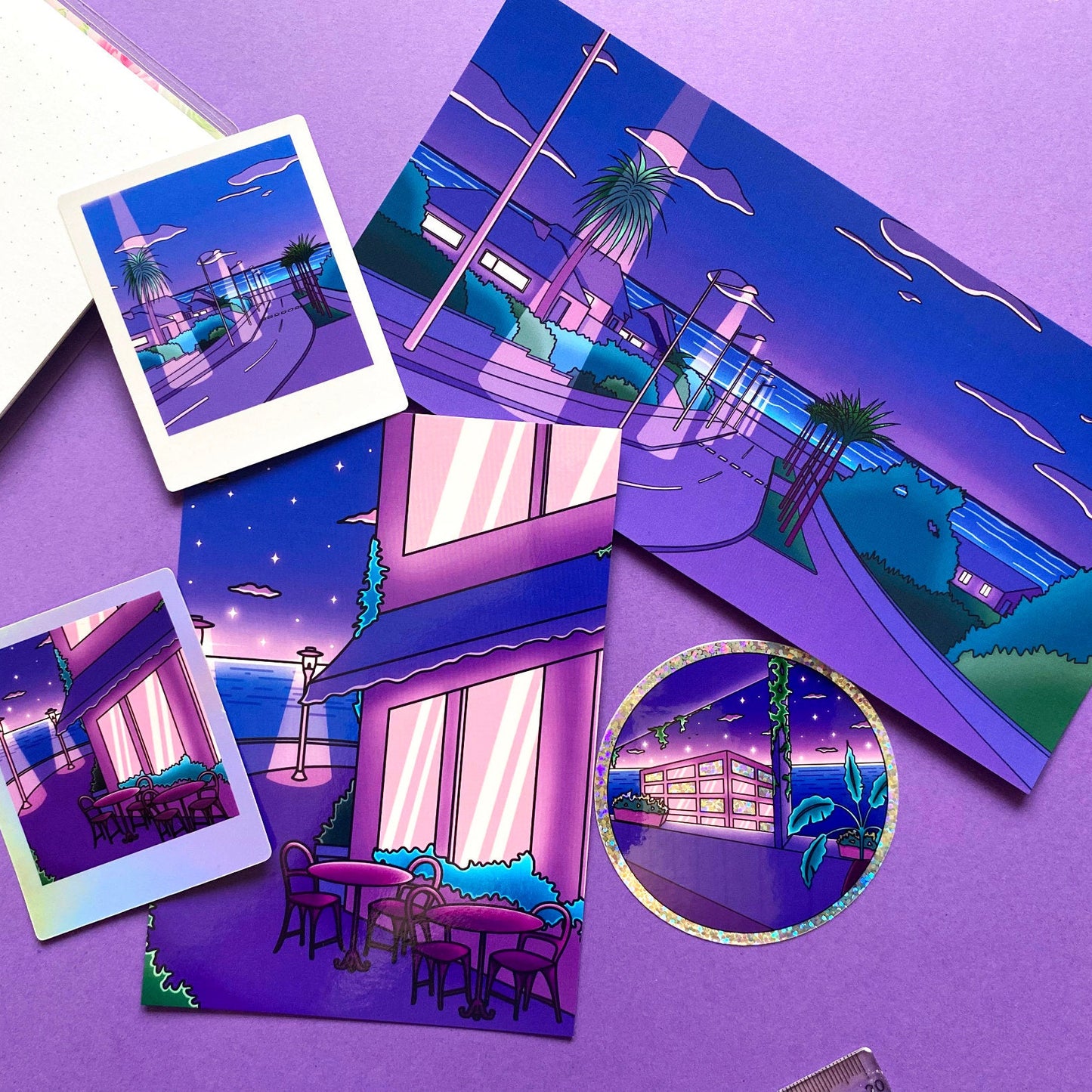 Carte Postale A6 | Art Print Vaporwave " Late Night Chill Cofee Time" | Violet & Bleu