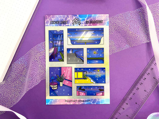 Late Night - A6 Glitters Holographic Sticker Sheet - Night Walk Scenes (Vers.2)