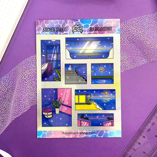Late Night - A6 Glitters Holographic Sticker Sheet - Night Walk Scenes (Vers.2)