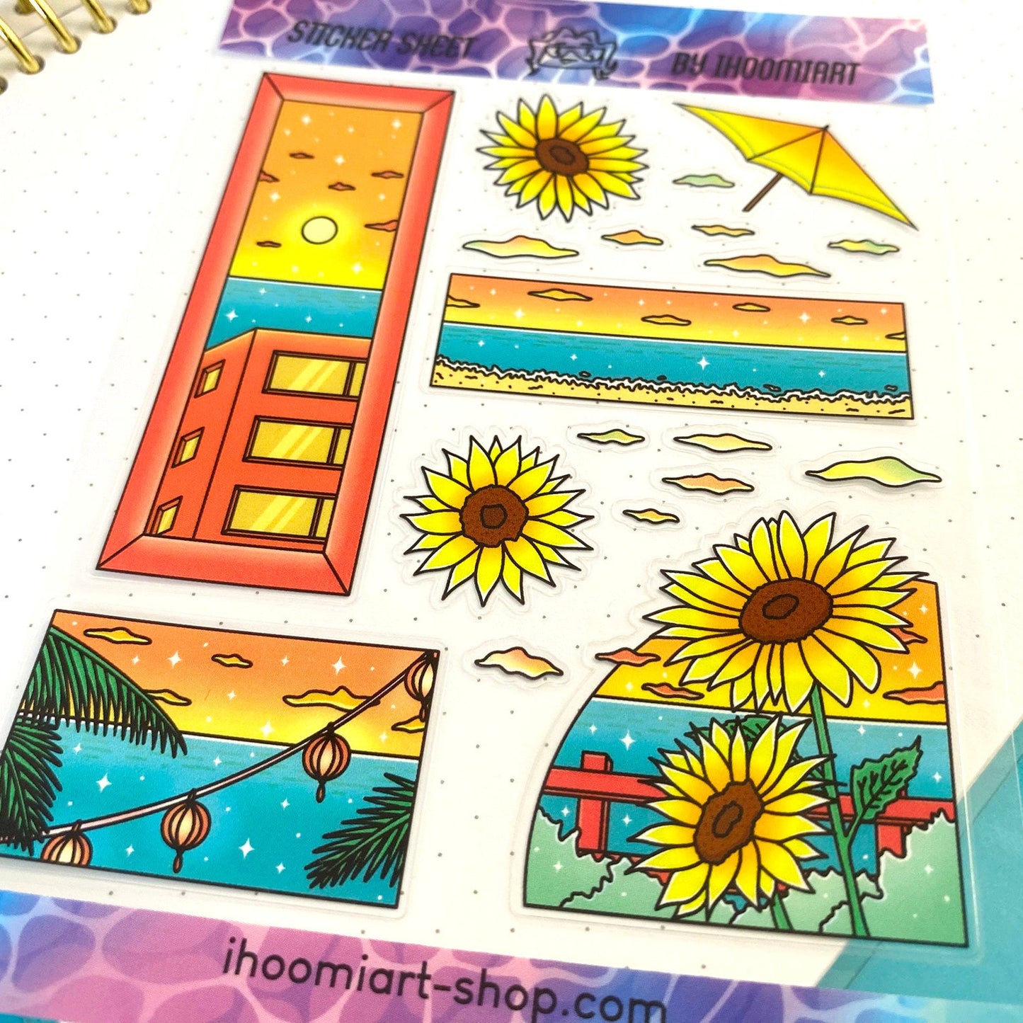 Planche de stickers Hot Summer A6 transparente | Journée d'été et vue sur les tournesols