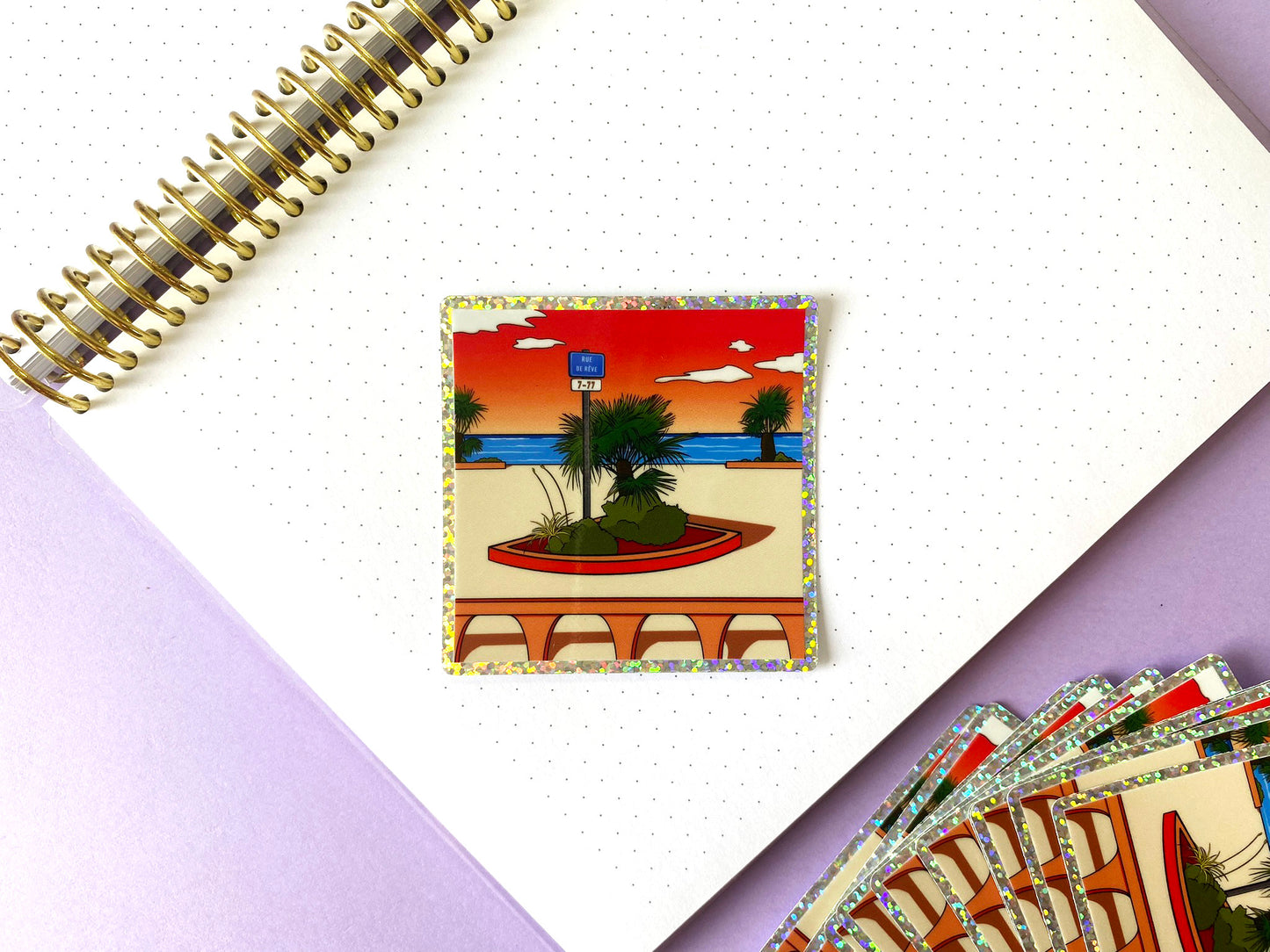 Holographic Sticker - Vaporwave street and ocean