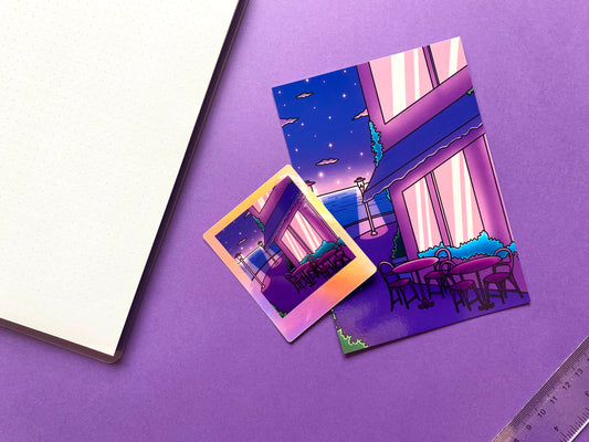 Carte Postale A6 | Art Print Vaporwave " Late Night Chill Cofee Time" | Violet & Bleu