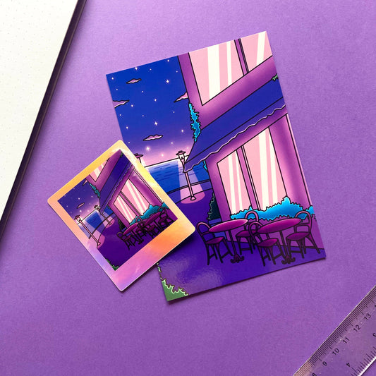 A6 Postcard | Art Print Vaporwave " Late Night Chill Cofee Time" | Purple & Blue