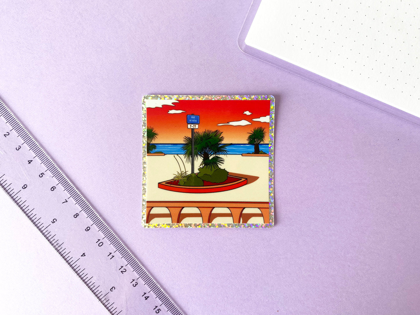 Holographic Sticker - Vaporwave street and ocean