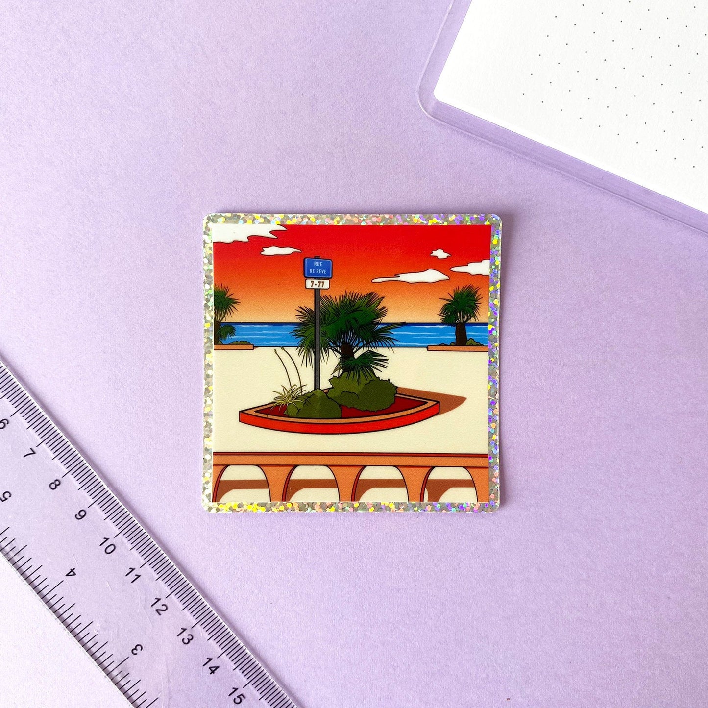Holographic Sticker - Vaporwave street and ocean