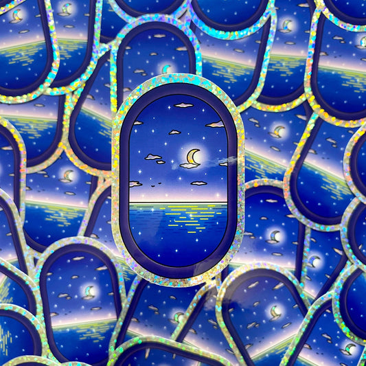 Holographic Glitters Sticker - Night Ocean fly view