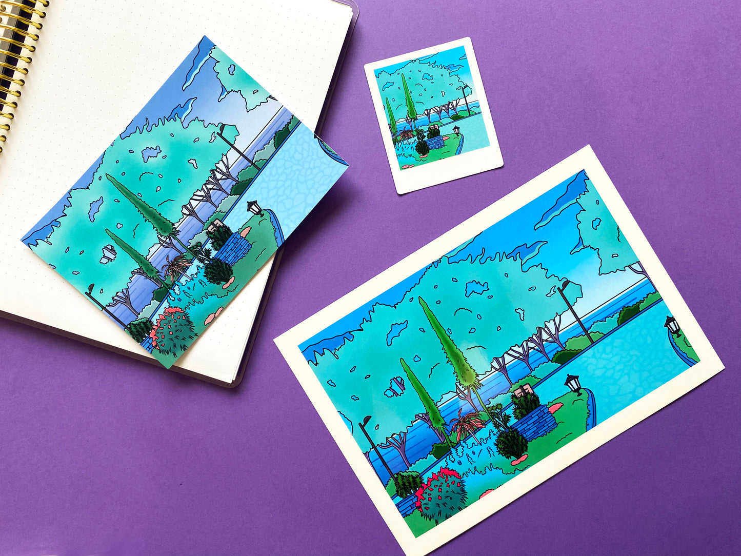 A5 Postcard | Art Print Vaporwave "Morning walk in the garden" | Green and blue