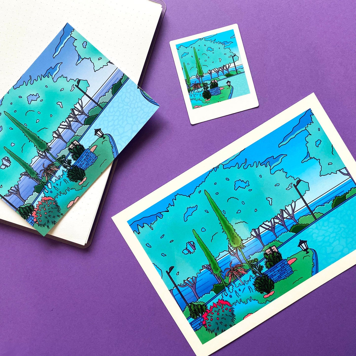 Carte Postale A5 | Art Print Vaporwave "Promenade matinale au jardin" | Vert et bleu
