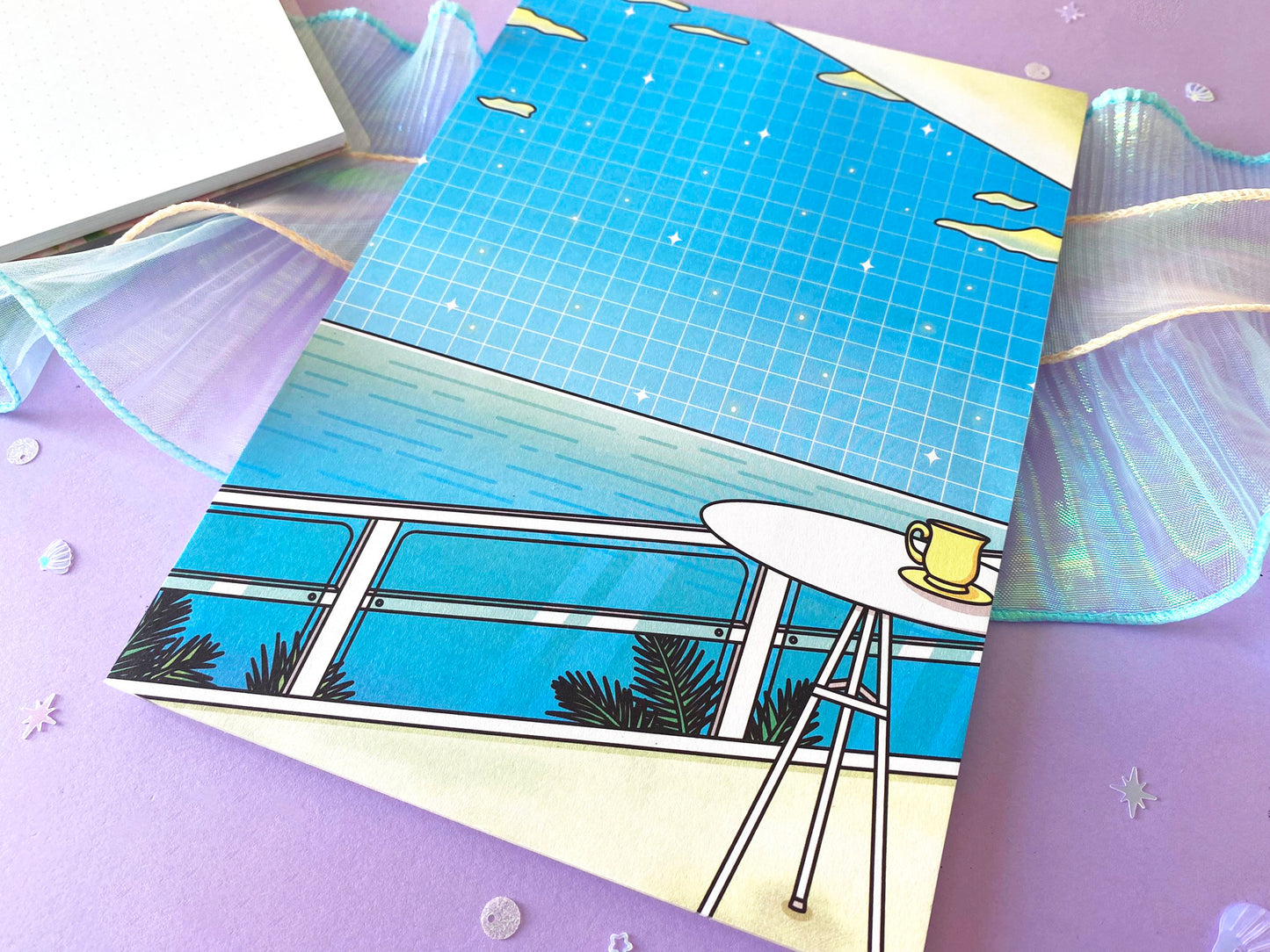 A5 Notepad | Summer Landscape Ocean view in coffee shop | Vaporwave & Dreamy Vibes
