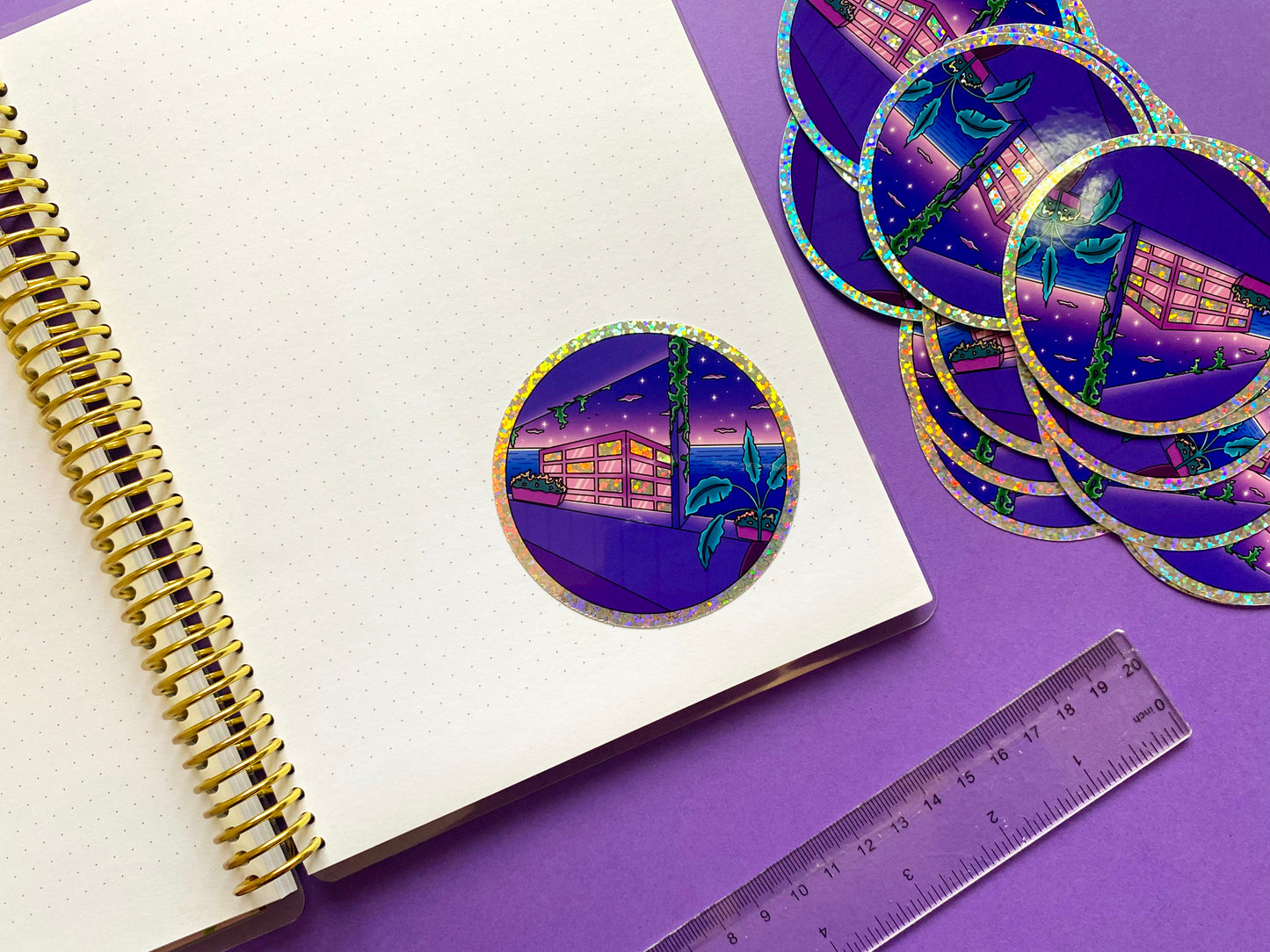 Holographic Glitters Sticker - Night Ocean view plant and city