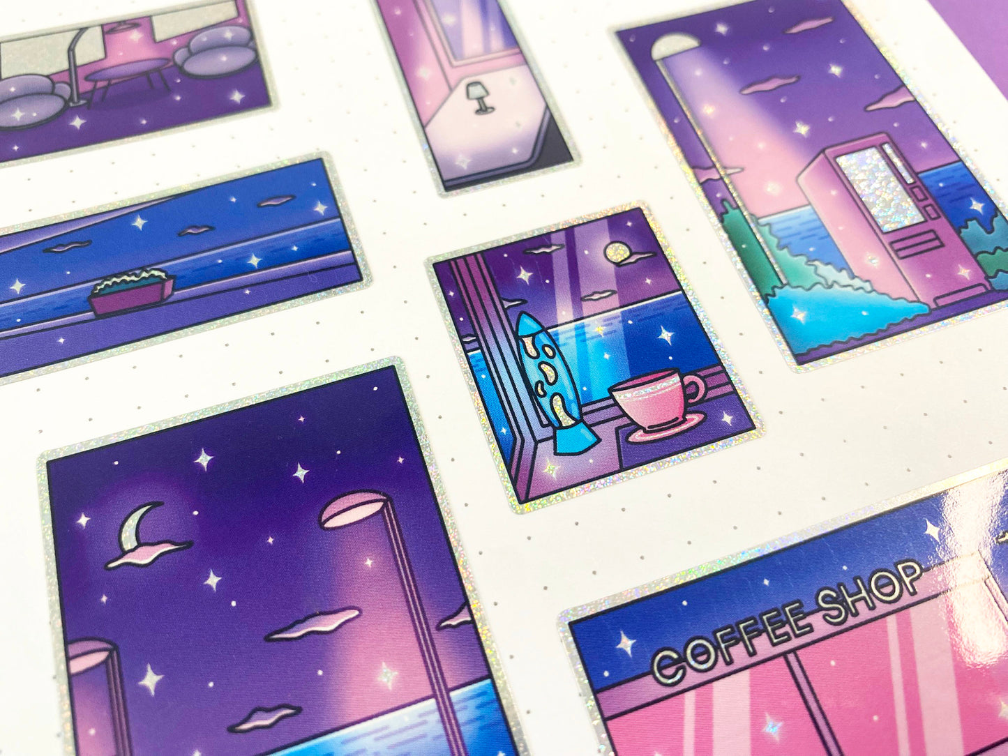 Late Night - A6 Glitters Holographic Sticker Sheet - Night Walk Scenes