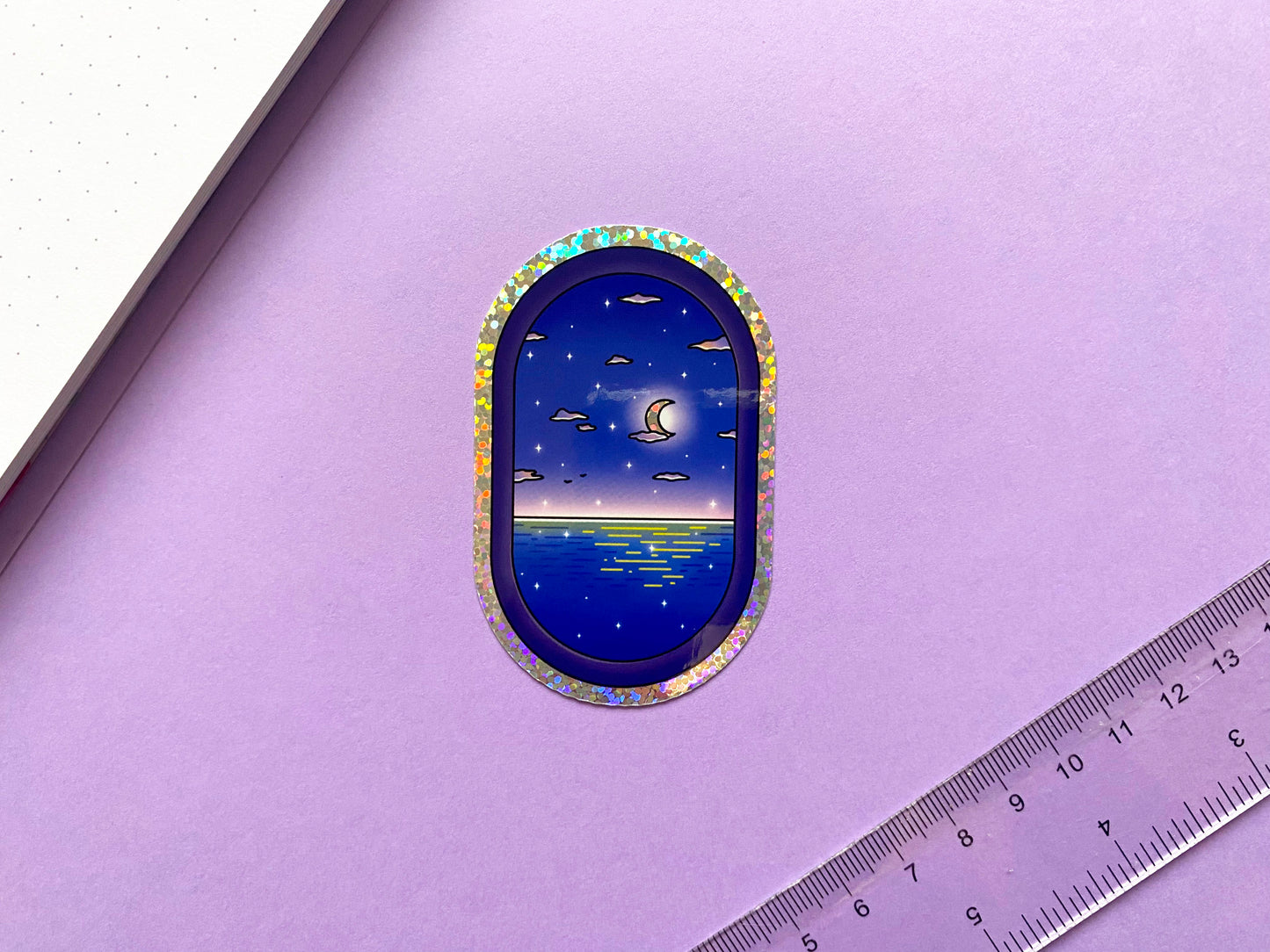Holographic Glitters Sticker - Night Ocean fly view