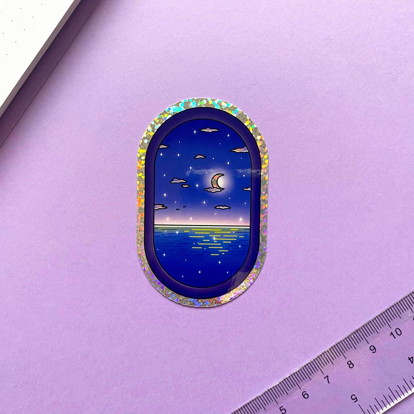 Holographic Glitters Sticker - Night Ocean fly view