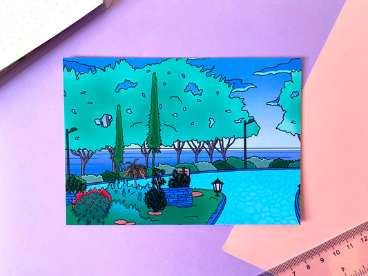 Carte Postale A6 | Art Print Vaporwave "Promenade matinale au jardin" | Vert et bleu