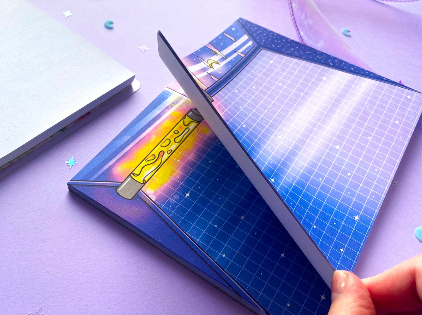 Night Aesthetic A5 Notepad | Bedroom, lava lamp light, moon and night ocean view | Vaporwave vibes