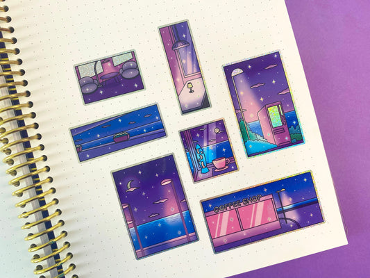 Late Night - A6 Glitters Holographic Sticker Sheet - Night Walk Scenes