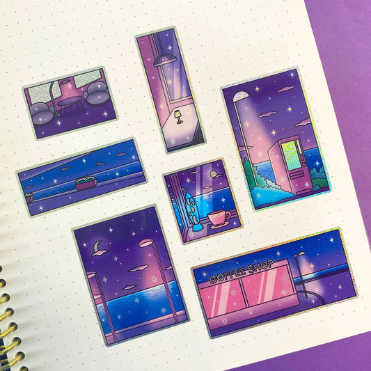 Late Night - A6 Glitters Holographic Sticker Sheet - Night Walk Scenes