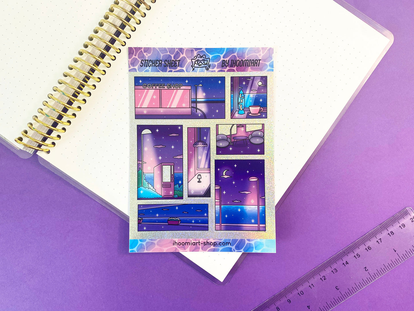 Late Night - A6 Glitters Holographic Sticker Sheet - Night Walk Scenes