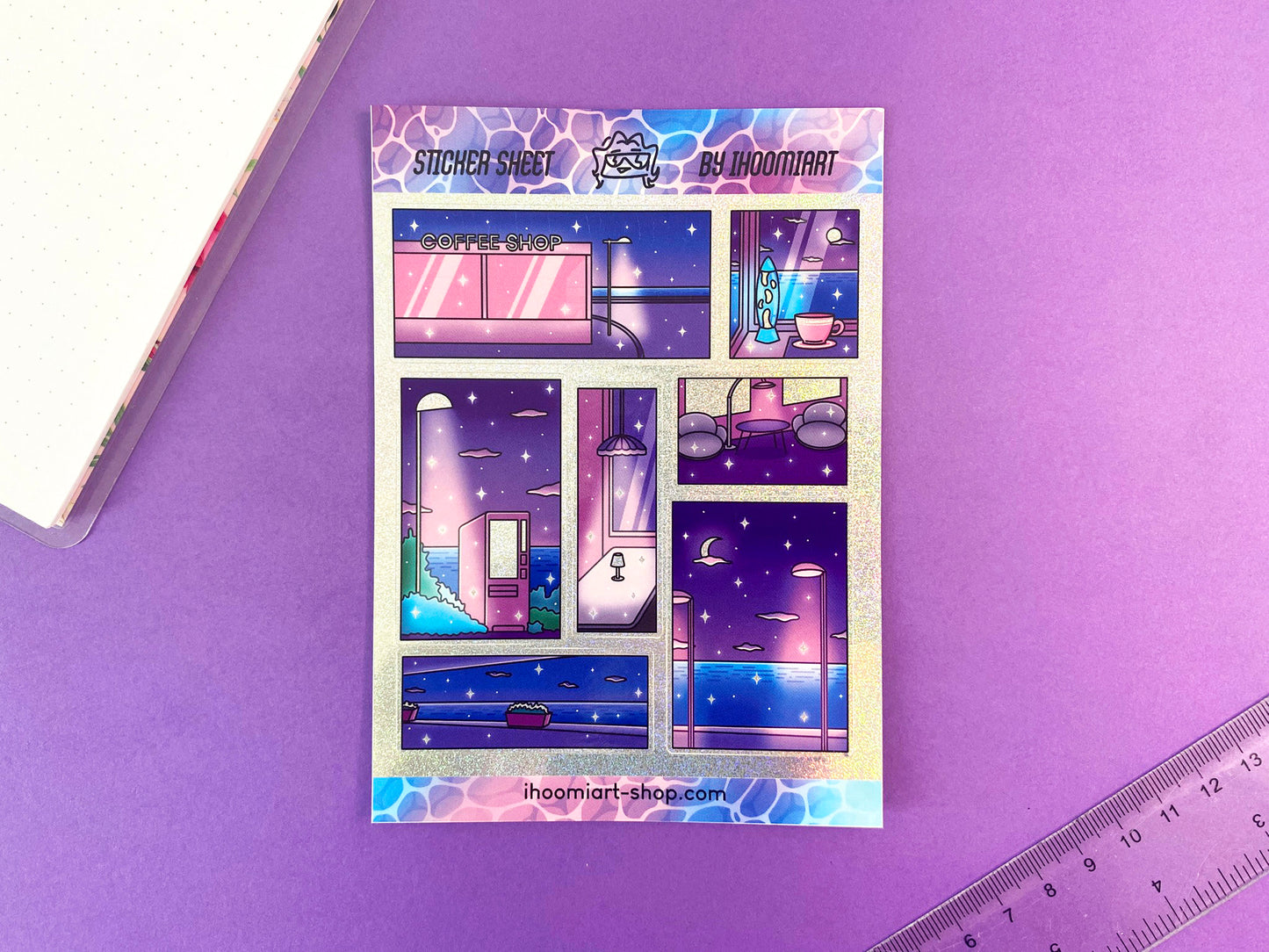 Late Night - A6 Glitters Holographic Sticker Sheet - Night Walk Scenes