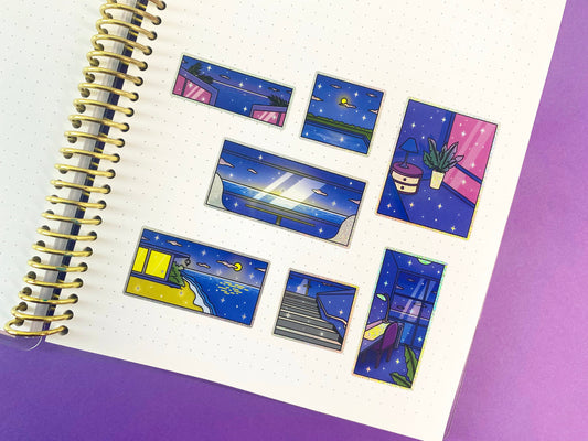 Late Night - A6 Glitters Holographic Sticker Sheet - Night Walk Scenes (Vers.2)