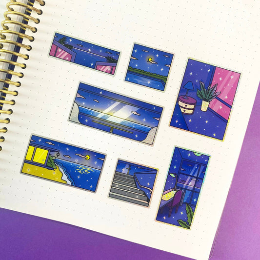 Late Night - A6 Glitters Holographic Sticker Sheet - Night Walk Scenes (Vers.2)