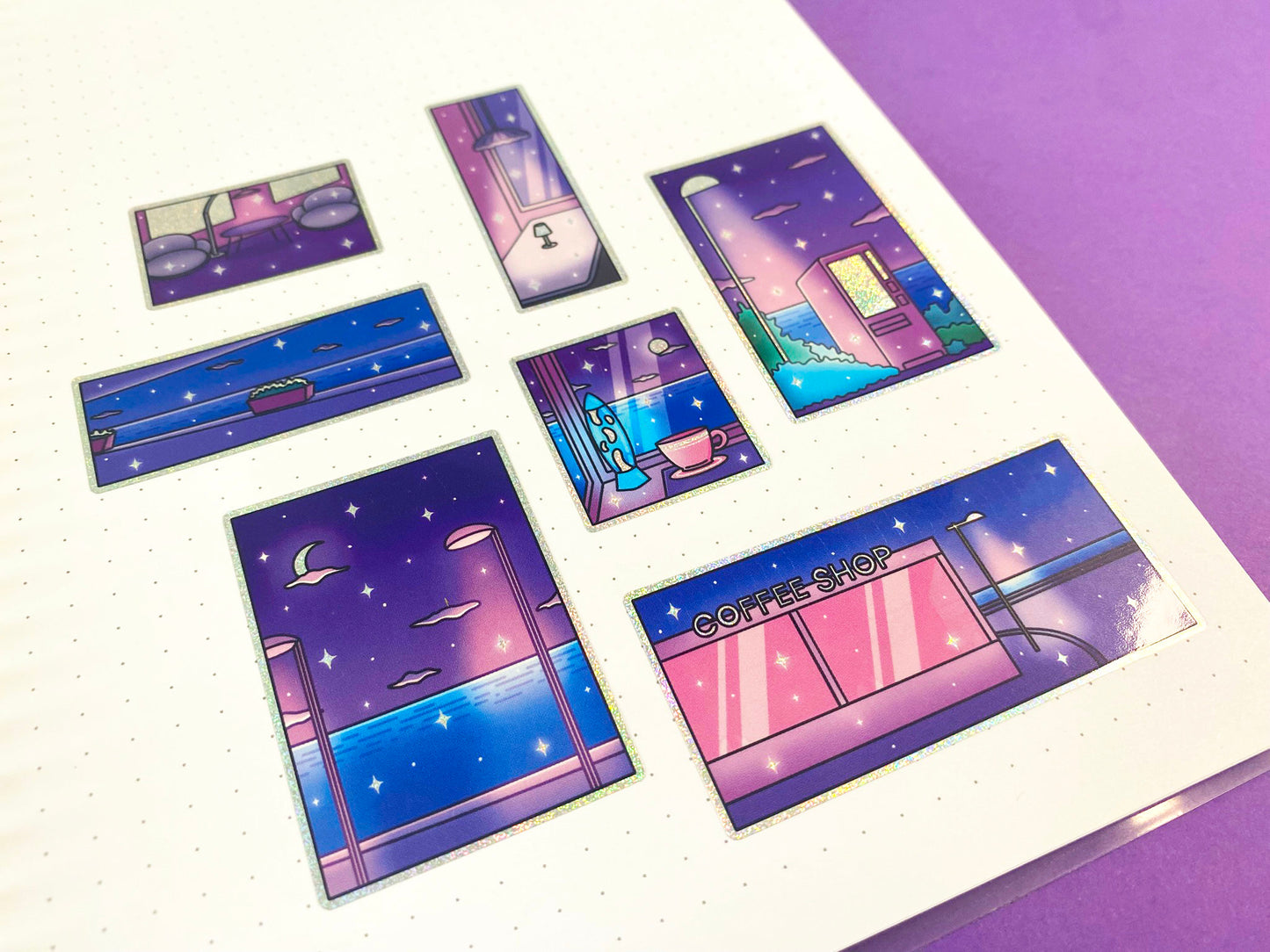 Late Night - A6 Glitters Holographic Sticker Sheet - Night Walk Scenes