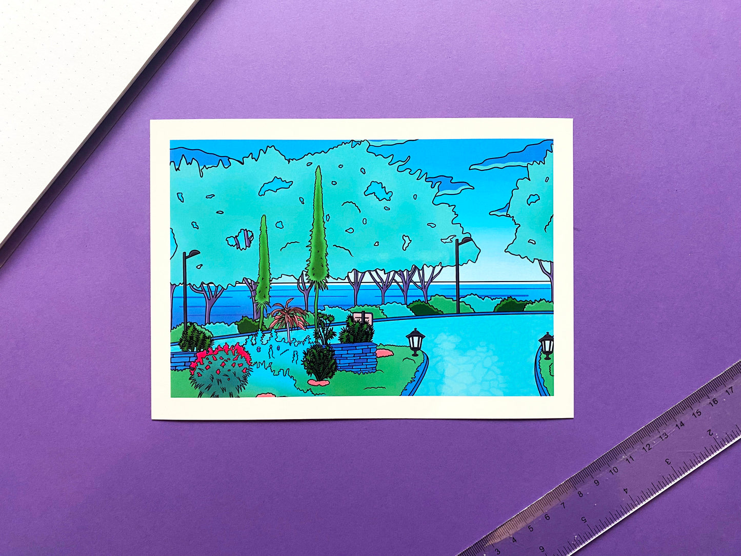 A5 Postcard | Art Print Vaporwave "Morning walk in the garden" | Green and blue