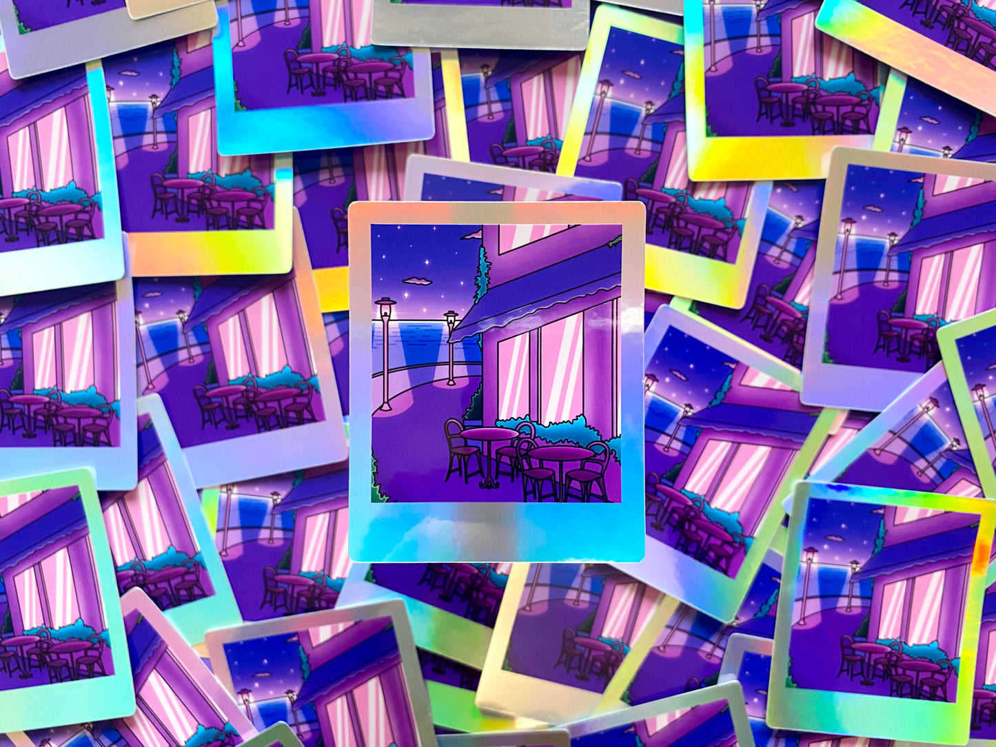 Holographic Waterproof Sticker - Polaroid "Late Night chill coffee time"