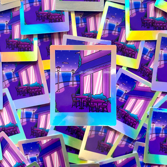 Holographic Waterproof Sticker - Polaroid "Late Night chill coffee time"