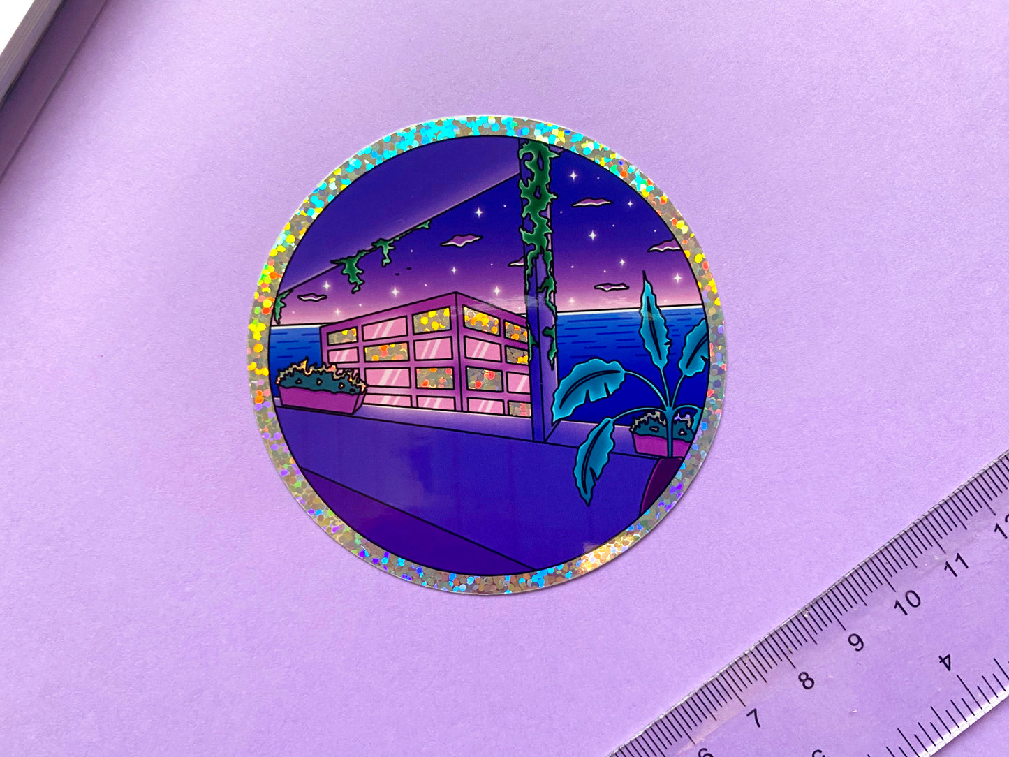 Holographic Glitters Sticker - Night Ocean view plant and city
