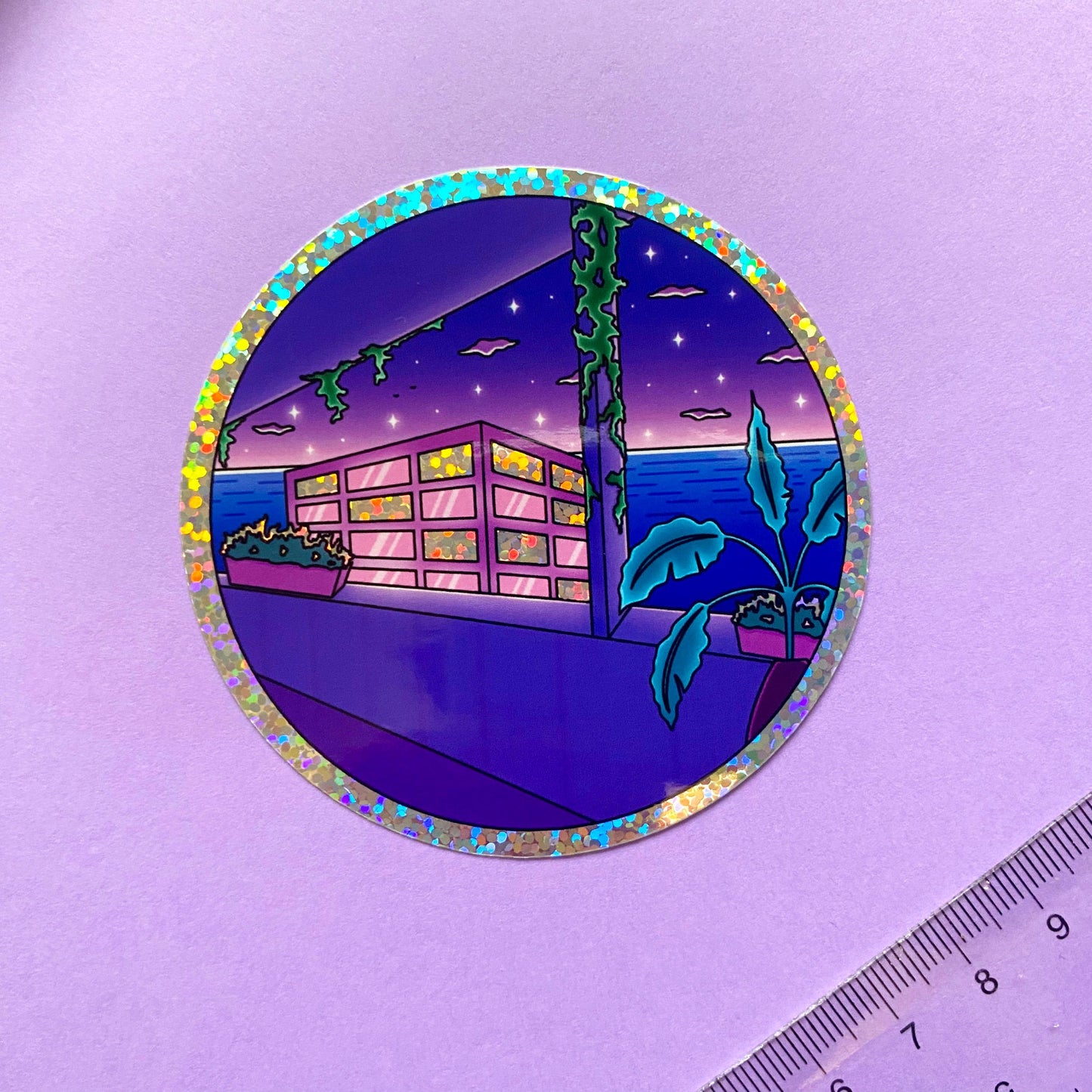 Holographic Glitters Sticker - Night Ocean view plant and city