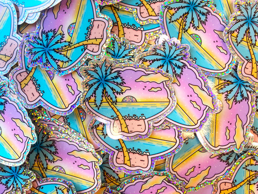 Sticker Holographique forme coquillage - Vue sur la mer & palmier