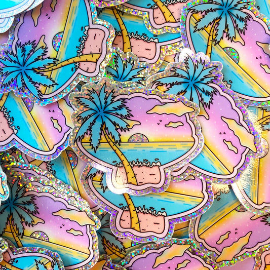 Sticker Holographique forme coquillage - Vue sur la mer & palmier